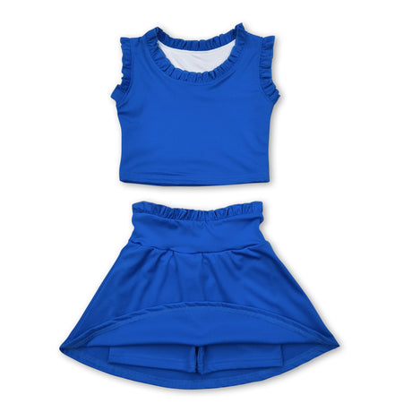 Blue sleeveless ruffle top skirt girls activewear set