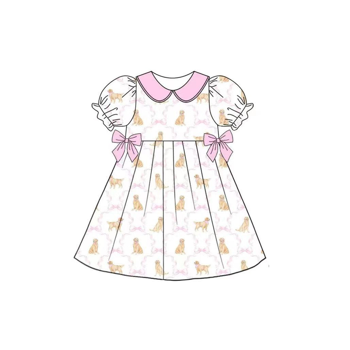 Pink short sleeves dog bow kids girls summer dresses