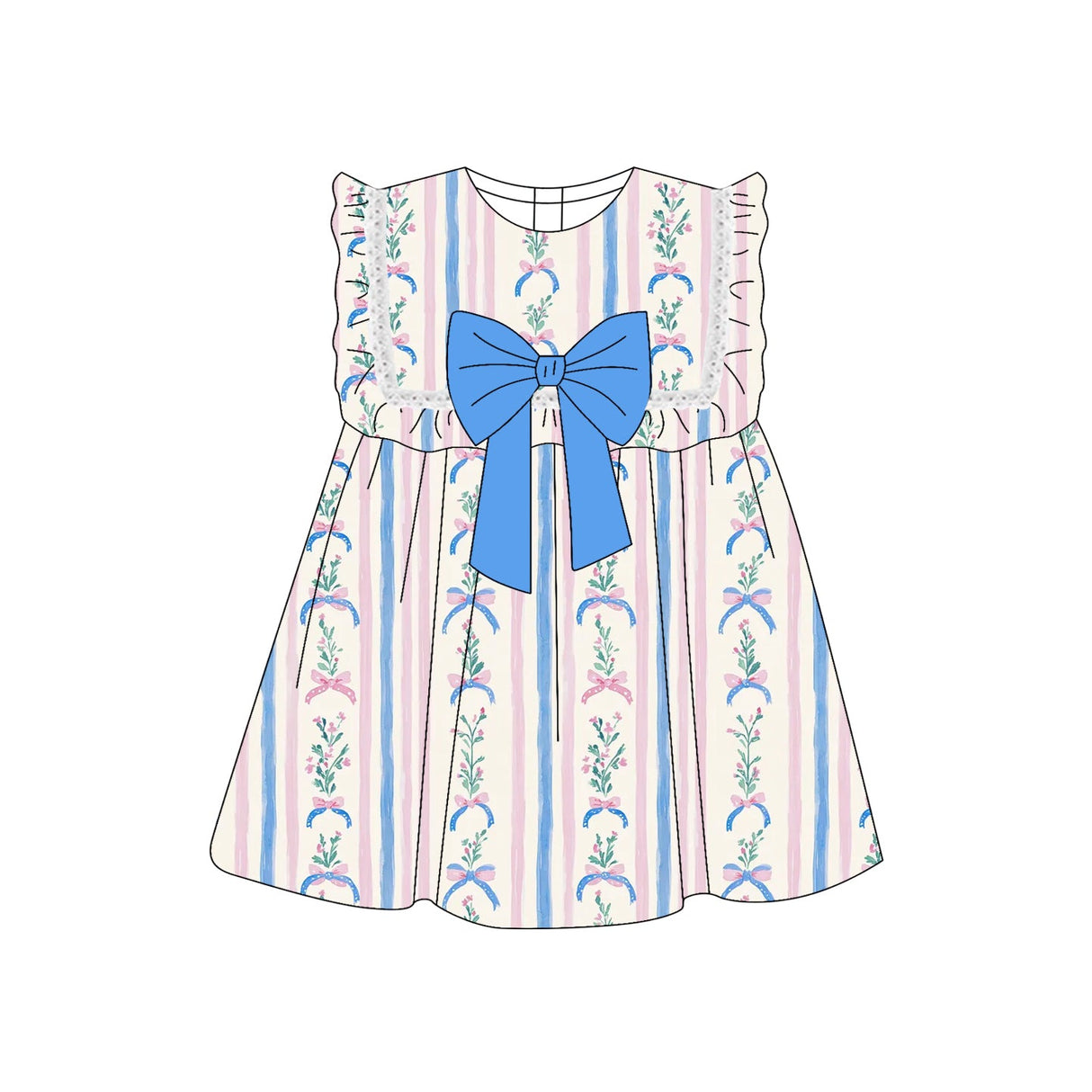 Blue bow ruffle floral baby girls summer dresses