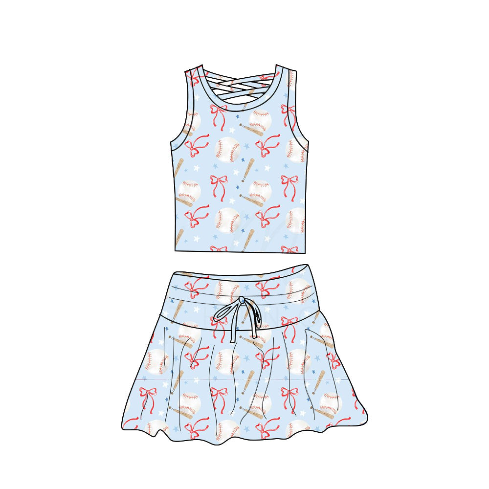 Sleeveless baseball bow top skirt girls activewear set