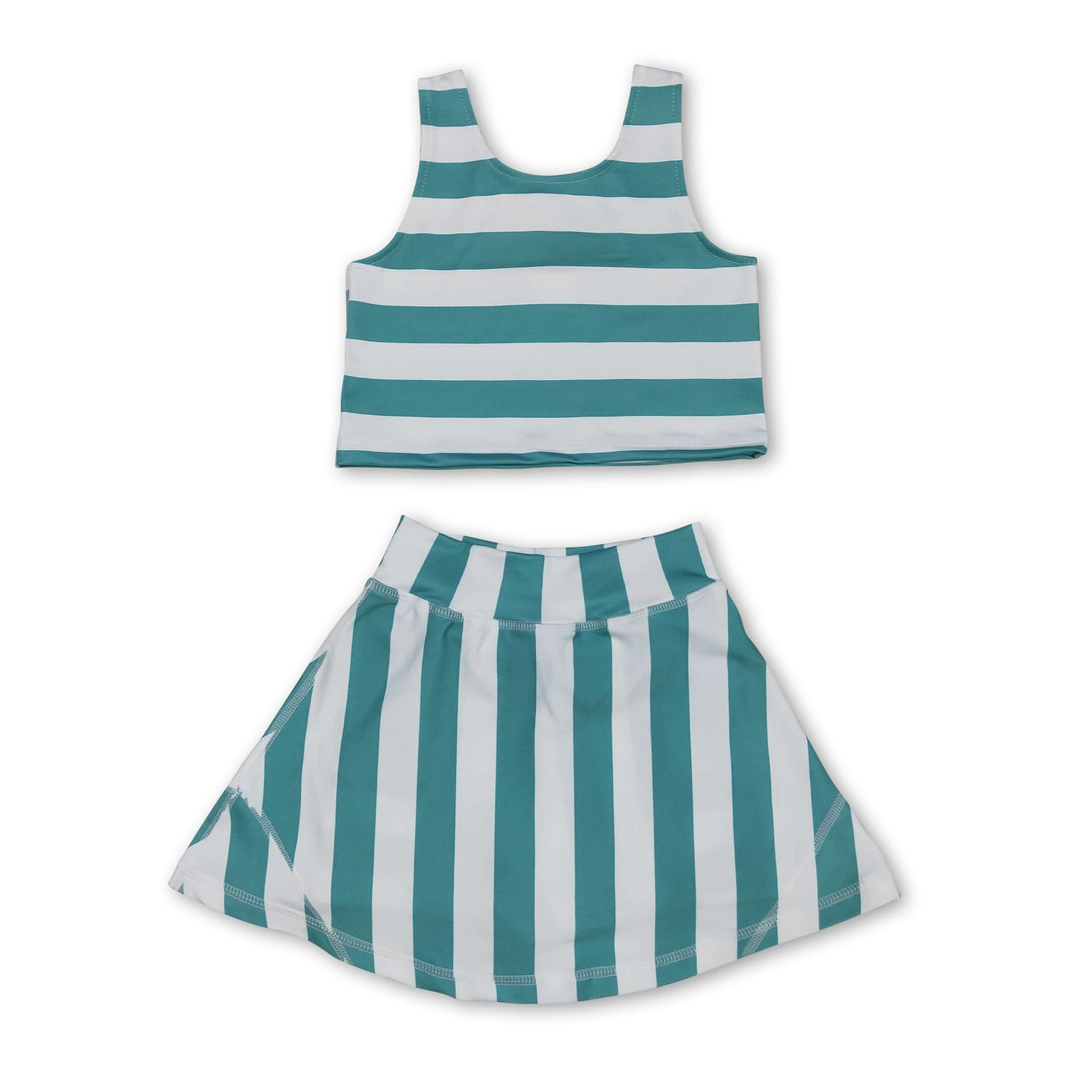 Sleeveless green stripe top skirt kids girls activewear set