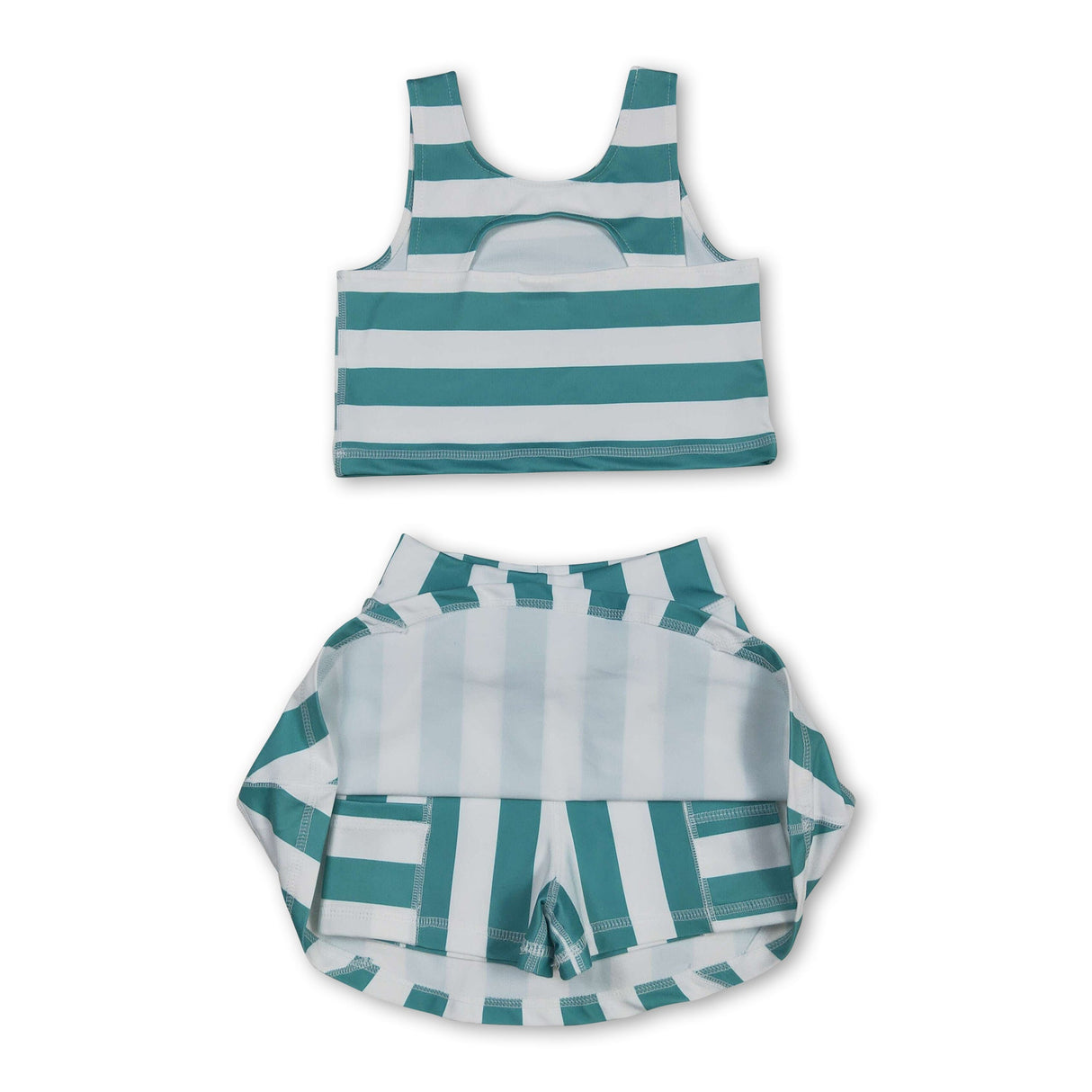 Sleeveless green stripe top skirt kids girls activewear set