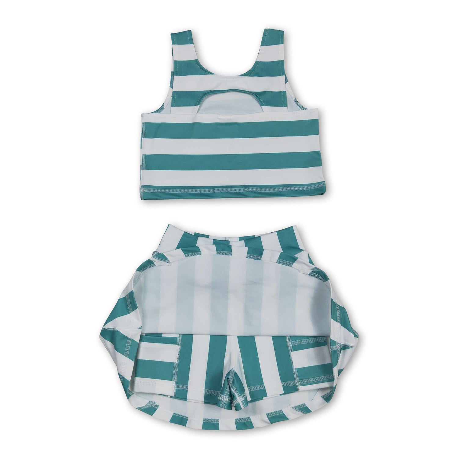 Sleeveless green stripe top skirt kids girls activewear set
