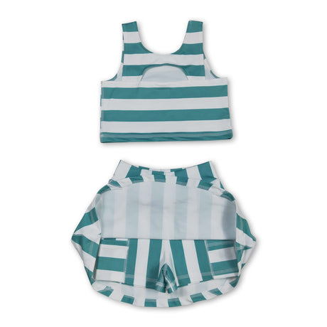 Sleeveless green stripe top skirt kids girls activewear set