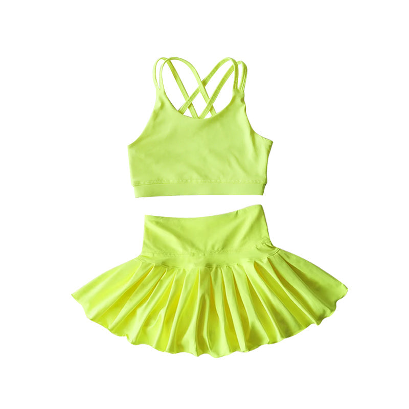 Lime green crop top high waist skirt kids girls activewear set