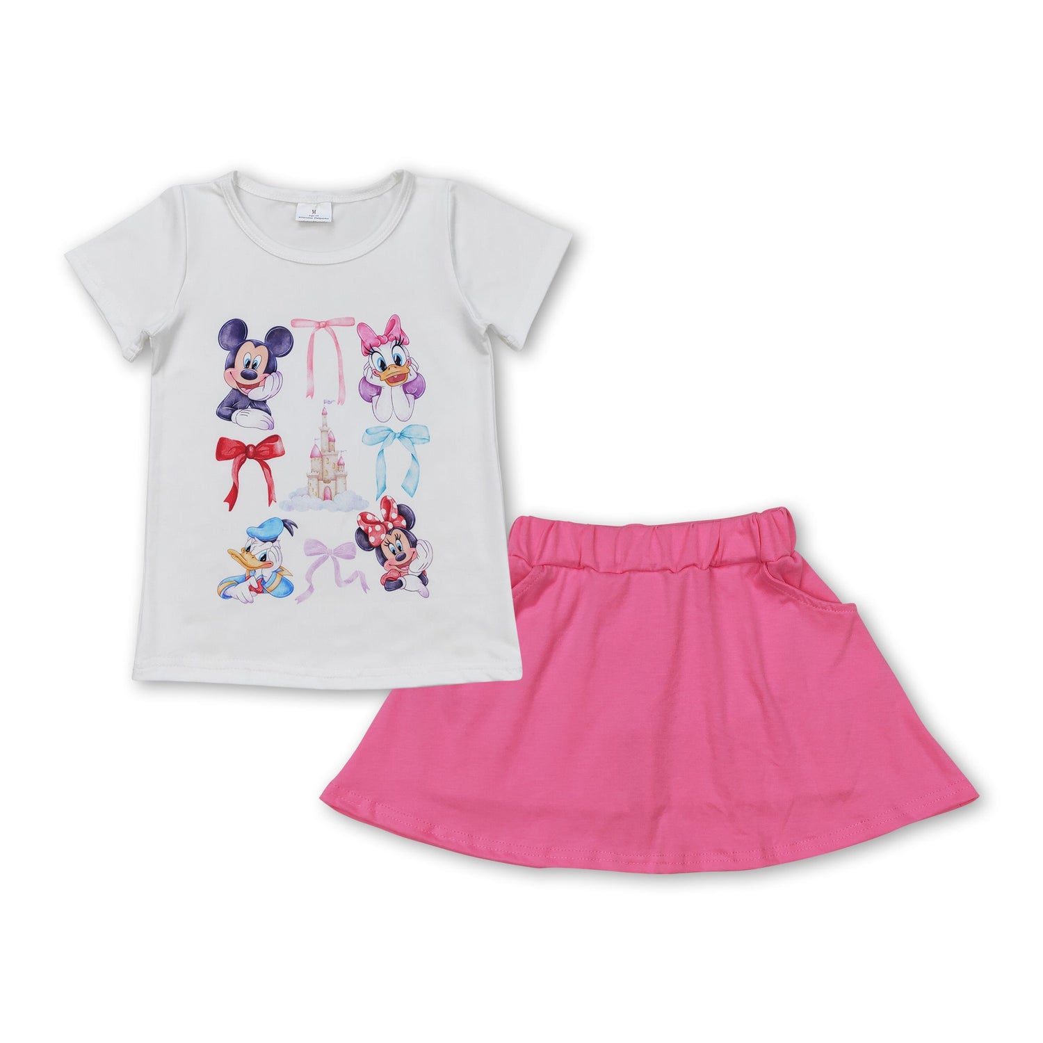 Pink bow mouse duck top skirt kids girls clothing set