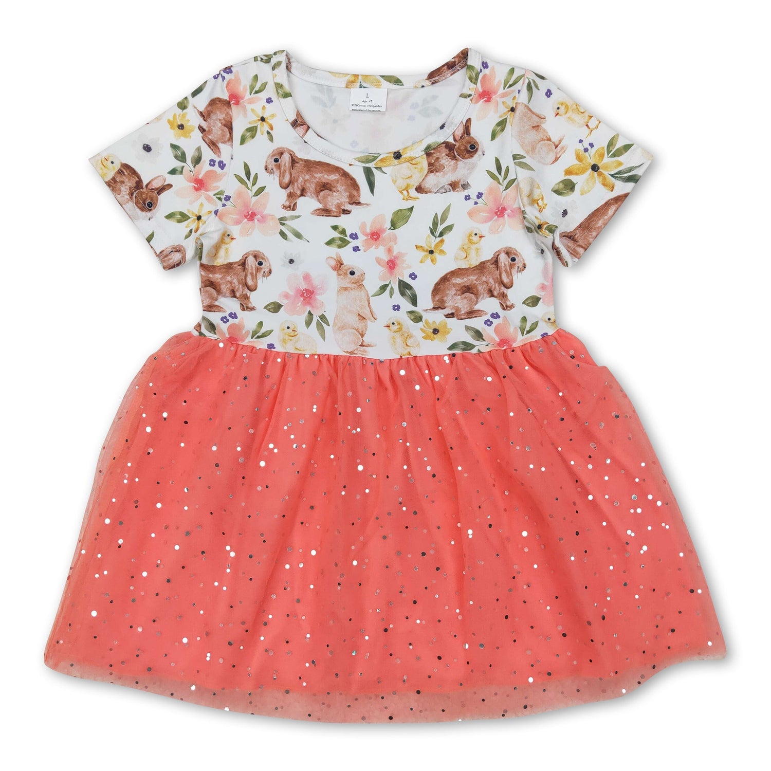 Short sleeves floral bunny tulle kids girls Easter dress