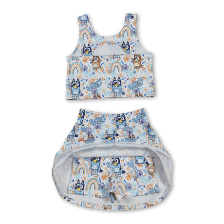 Rainbow floral dogs top skirt girls activewear set