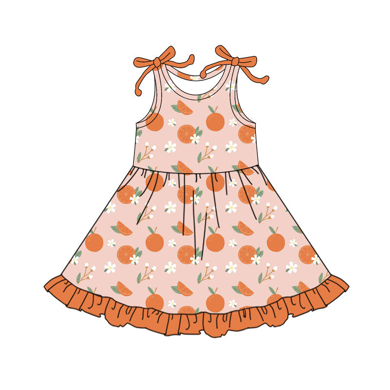 Sleeveless orange floral ruffle kids girls dresses