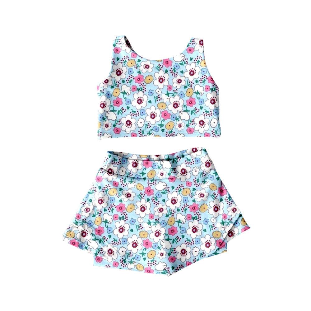 Sleeveless light blue floral top skirt girls activewear set