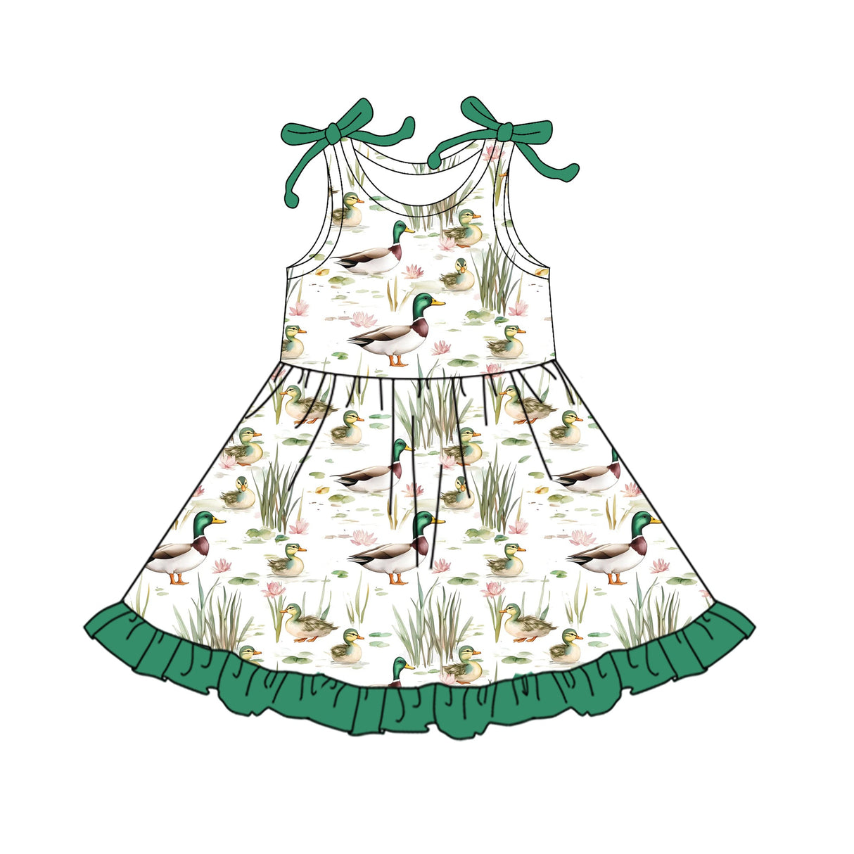 Sleeveless duck green ruffle kids girls summer dresses