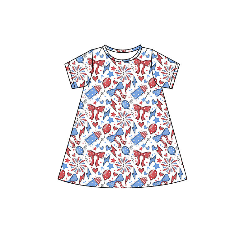 Short sleeves firework bow girls 4th of july dress