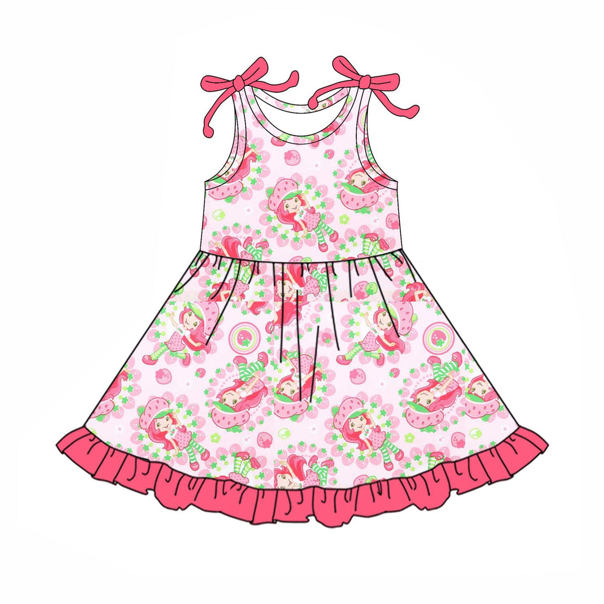 Sleeveless pink ruffle strawberry kids girls summer dresses