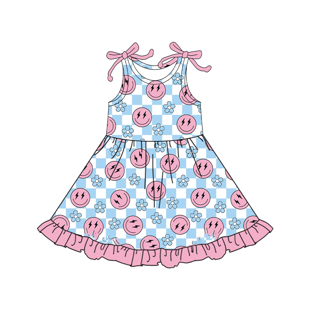 Pink sleeveless smile plaid floral ruffle kids girls dresses