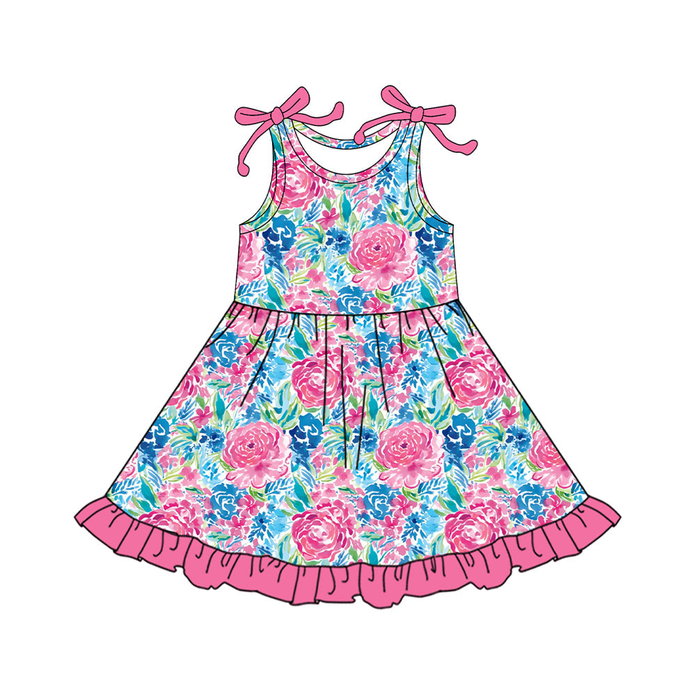 Sleeveless floral pink ruffle kids girls summer dresses