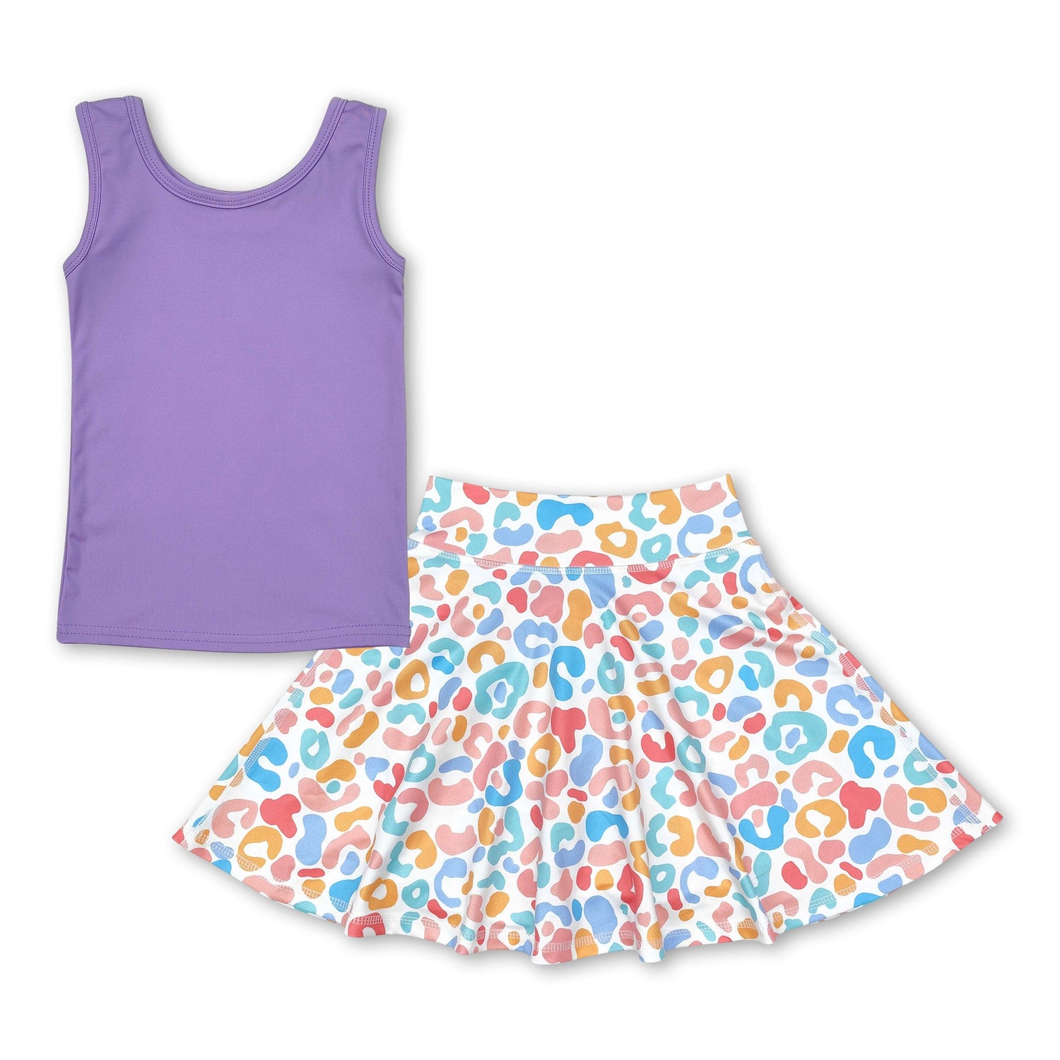 Lavender sleeveless top leopard skirt girls activewear set