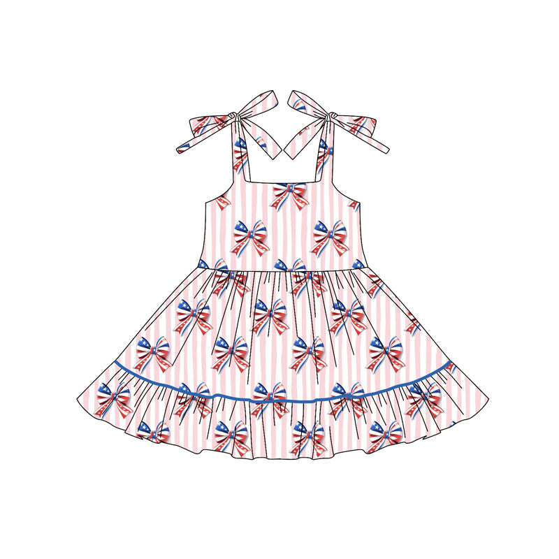 Straps stripe bows kids girls 4th of july dresses