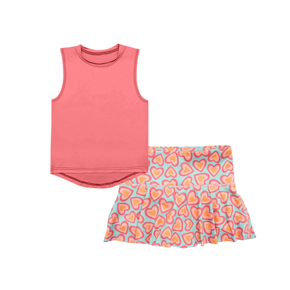 Sleeveless top heart skirt girls summer activewear set