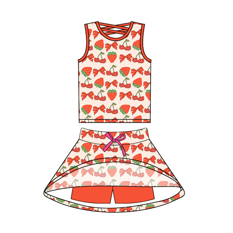 Sleeveless strawberry bow top skirt girls summer outfits