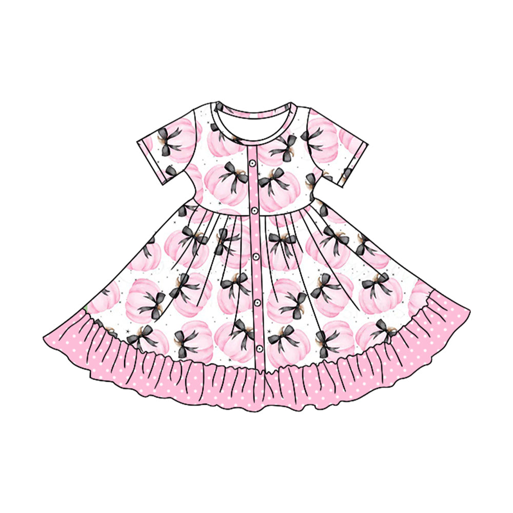 Short sleeves pink polka dots pumpkin bow girls fall dress