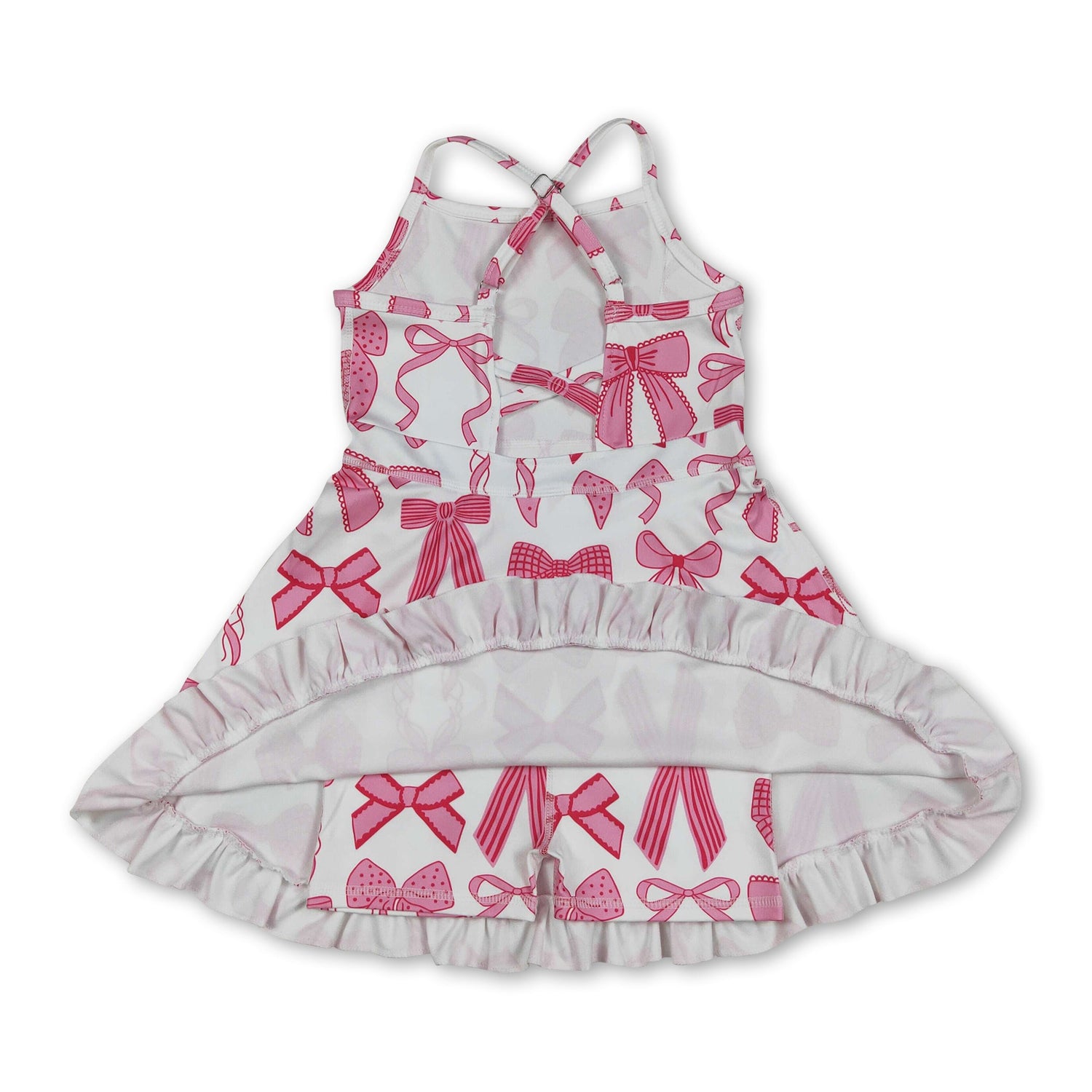 Straps pink bow ruffle girls summer athletic dresses