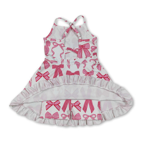 Straps pink bow ruffle girls summer athletic dresses