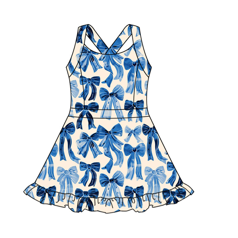 Straps blue bows ruffle girls summer athletic dresses
