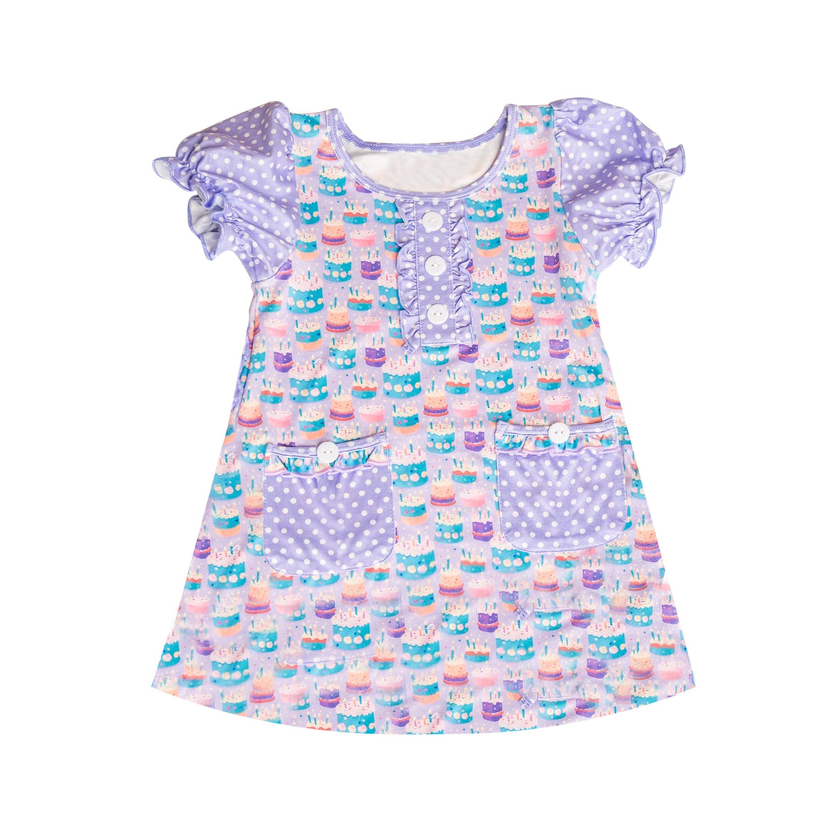 Lavender polka dots short sleeves cake Happy Birthday girls dress