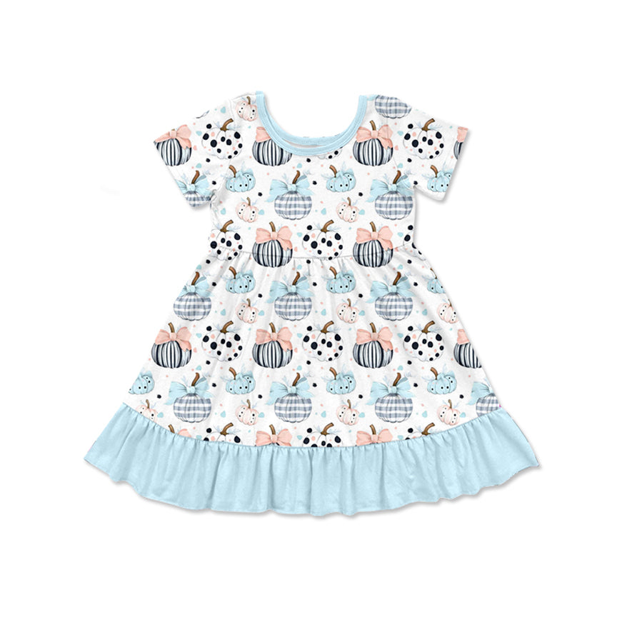Short sleeves pumpkin bow ruffle girls fall dresses