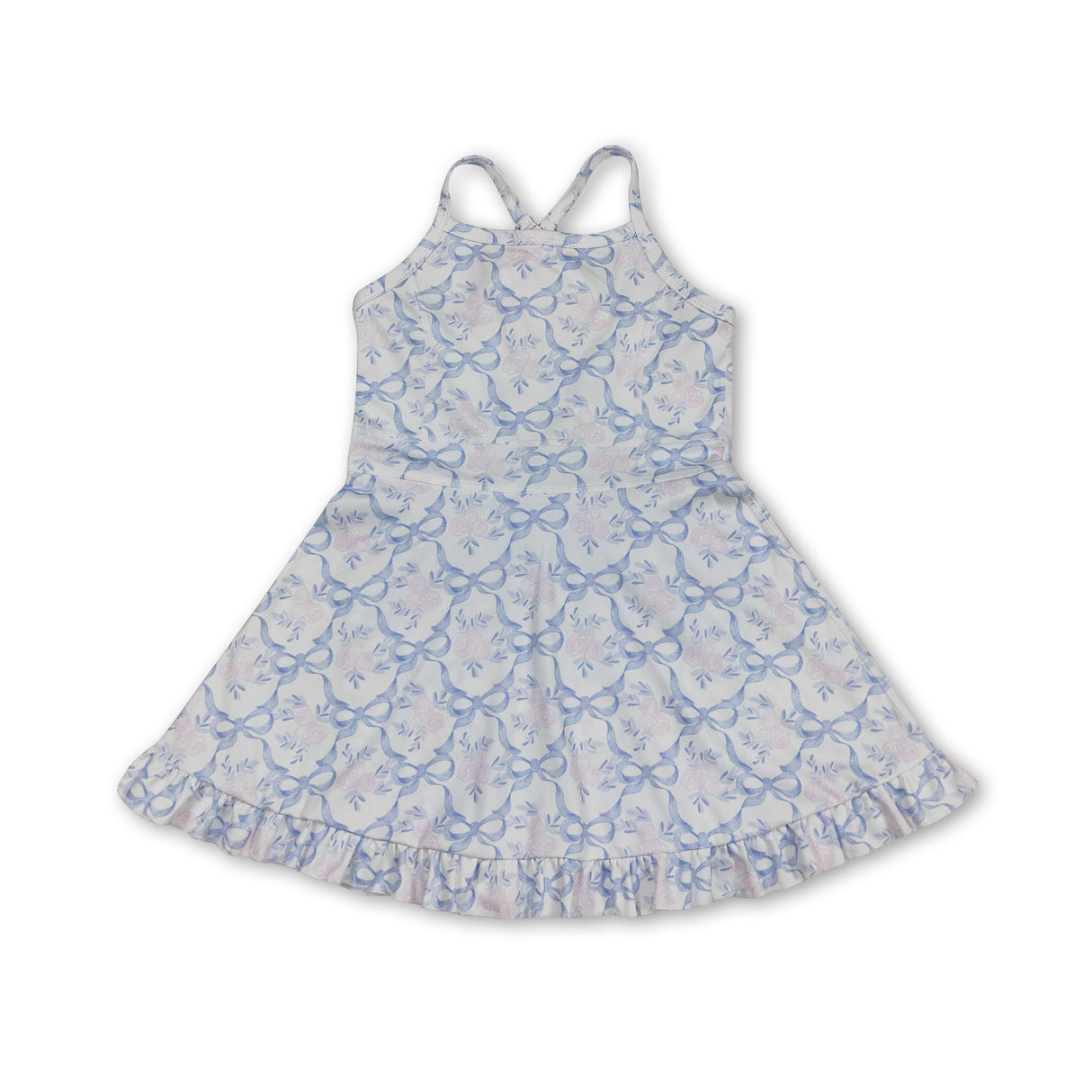 Straps pink floral bow ruffle kids girls athletic dress