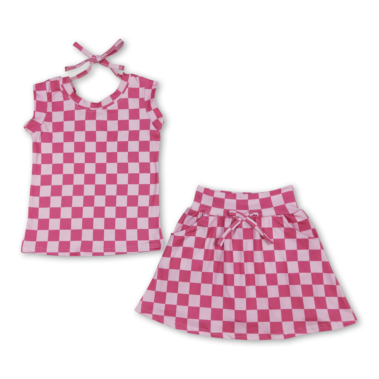 Sleeveless pink plaid bow top skirt kids girls clothing
