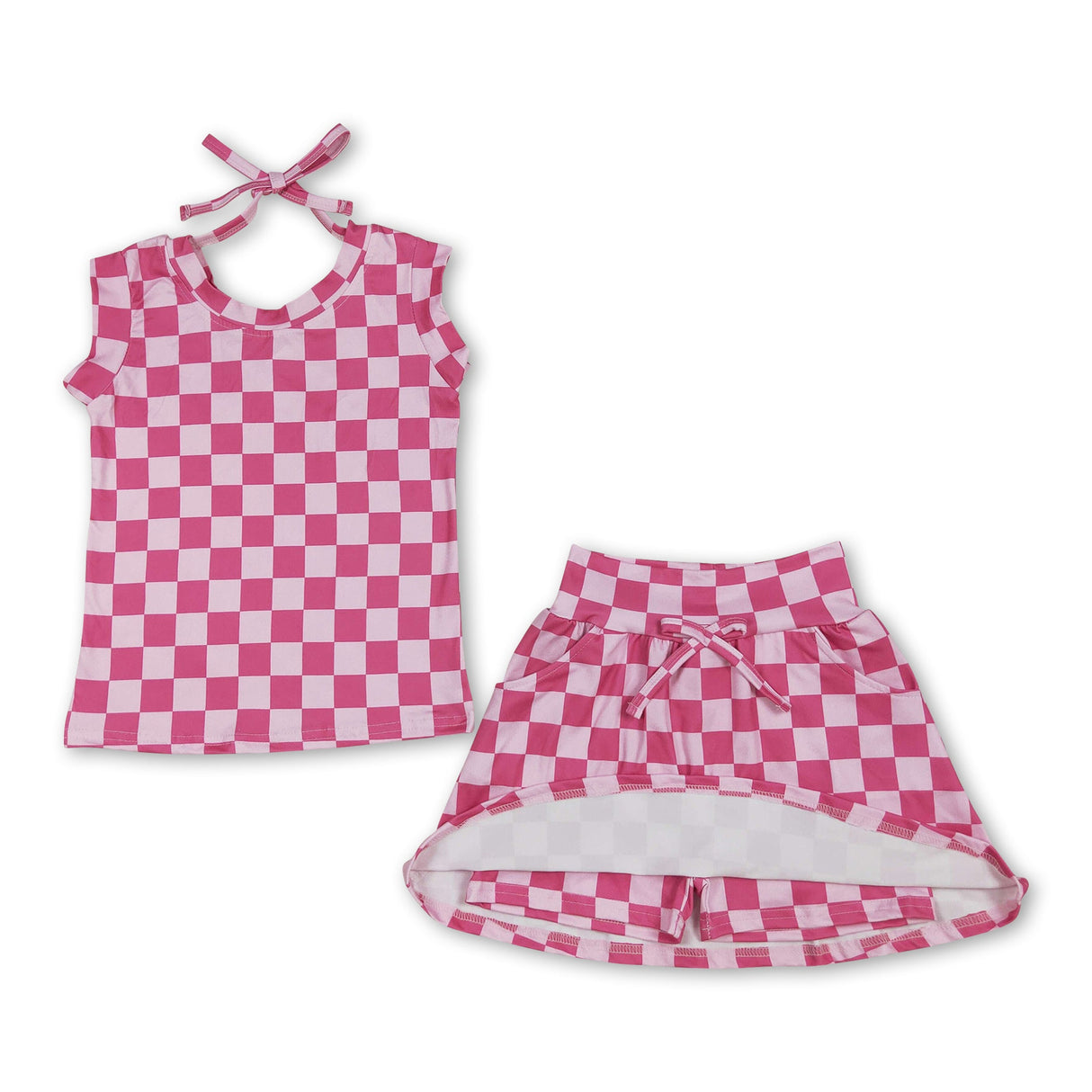 Sleeveless pink plaid bow top skirt kids girls clothing