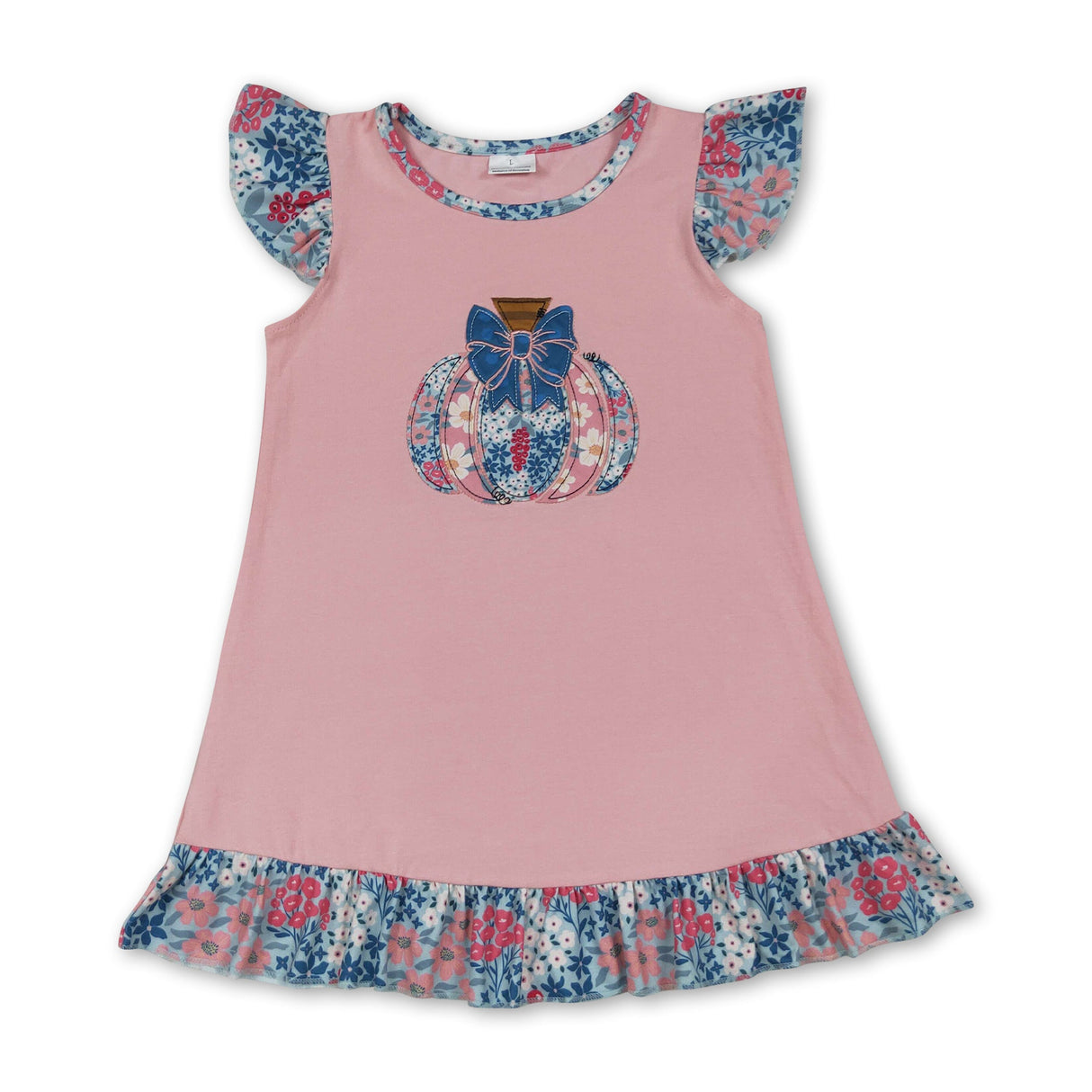 Flutter sleeves floral pumpkin bow kids girls fall dress