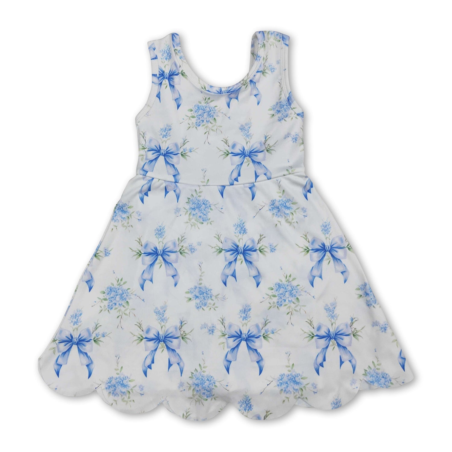 Sleeveless light blue floral bow girls summer athletic dresses