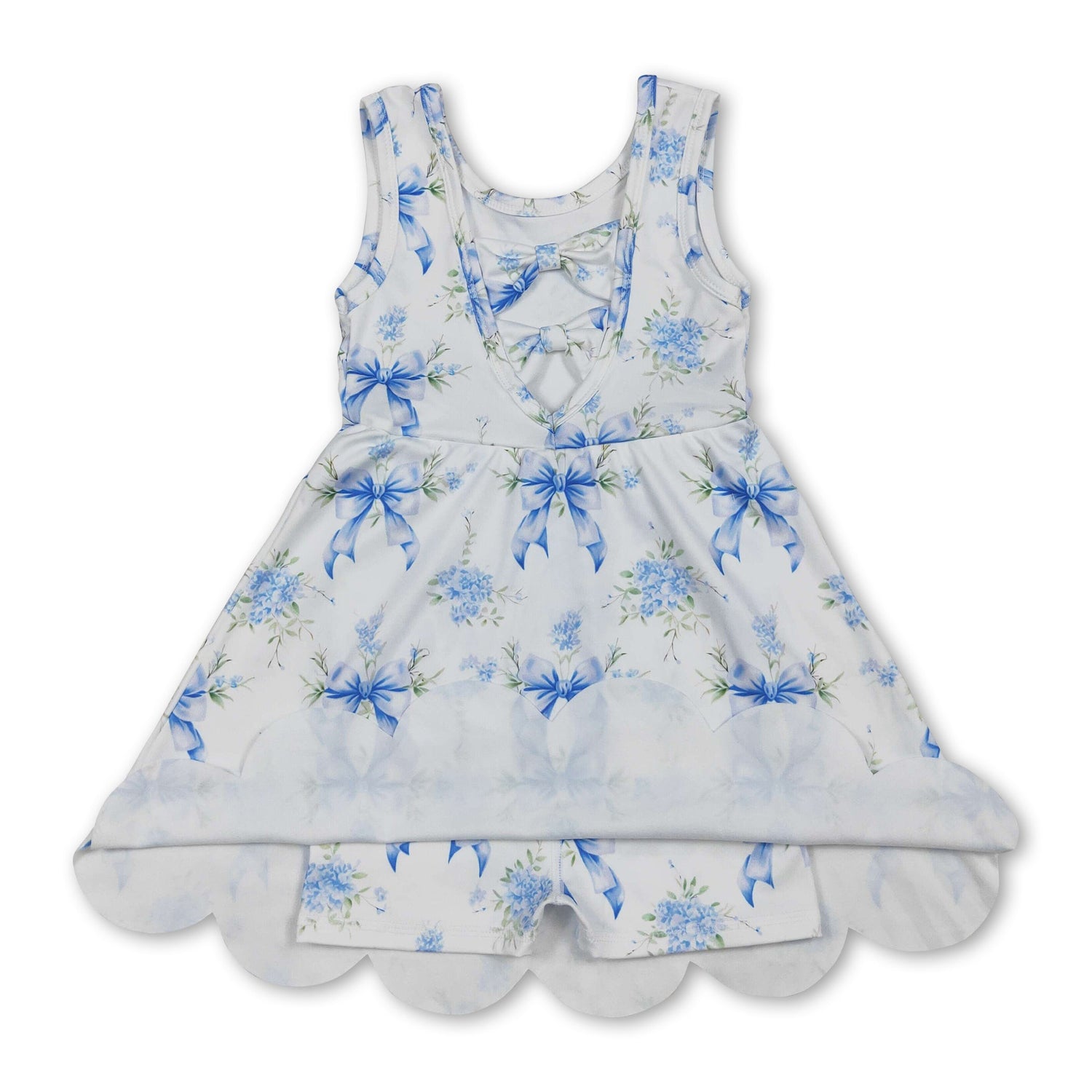 Sleeveless light blue floral bow girls summer athletic dresses
