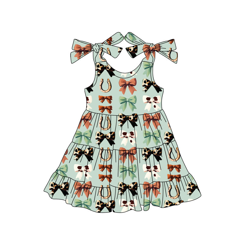 Straps cow print bow patchwork western girls dresses