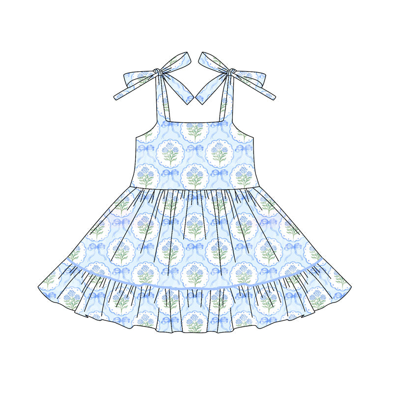 Straps blue bow floral ruffle kids girls dresses