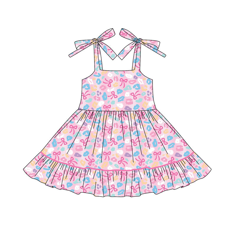 Pink straps leopard bow kids girls ruffle dresses