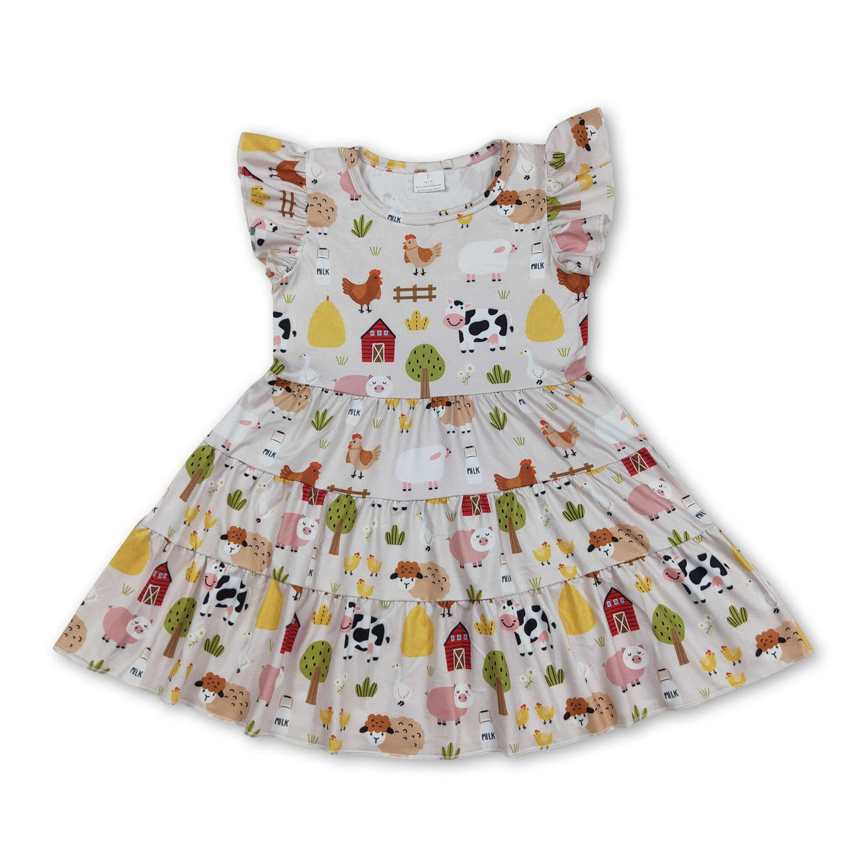 Flutter sleeves patchwork pig chicken girls farm dress
