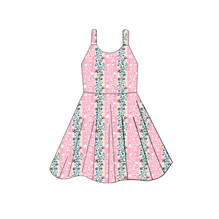Straps pink floral kids girls summer dresses