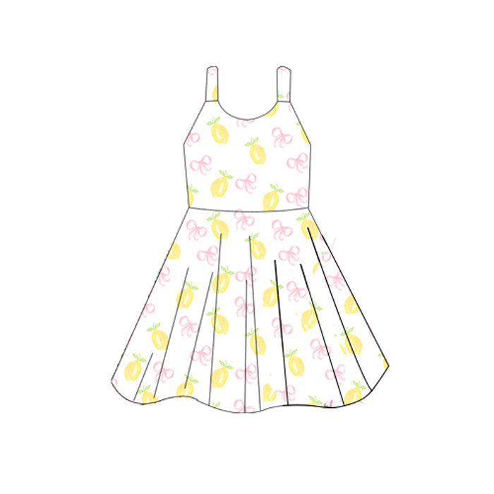 Straps lemon pink bow kids girls summer dresses