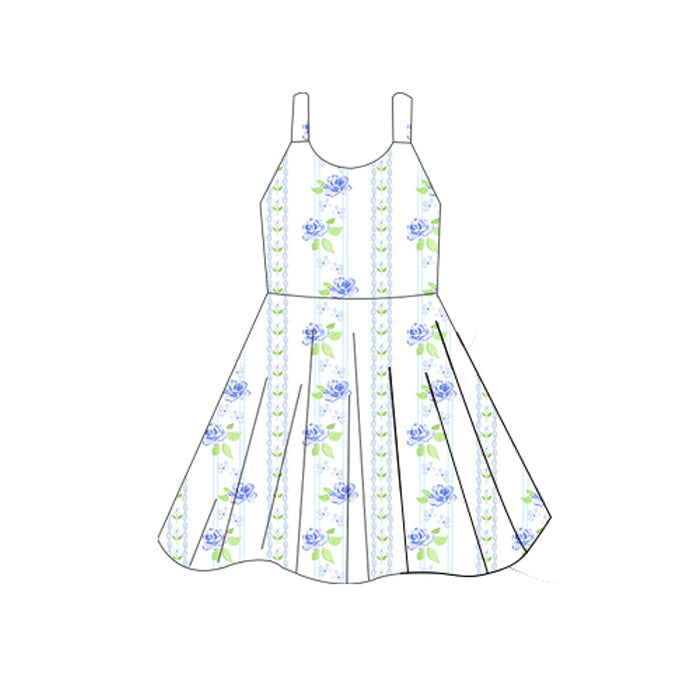 Straps blue floral toddler girls summer dresses
