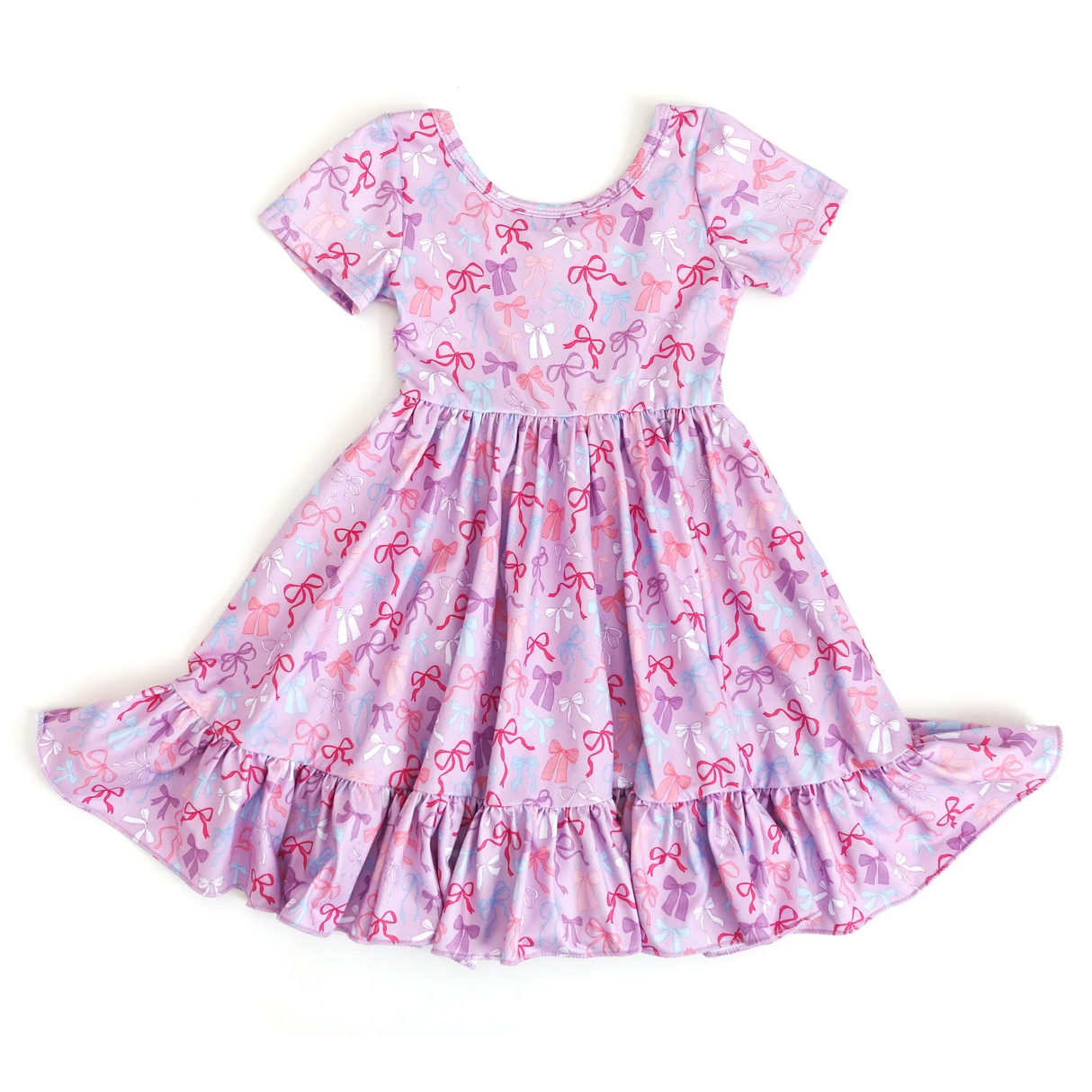 Short sleeves pink lavender bow ruffle girls summer dress