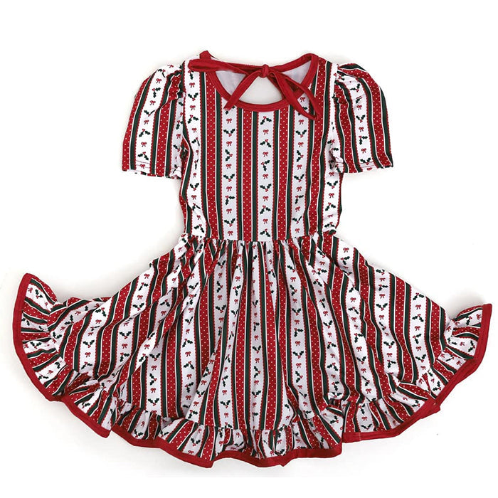 Short sleeves red polka dots holly girls Christmas dress