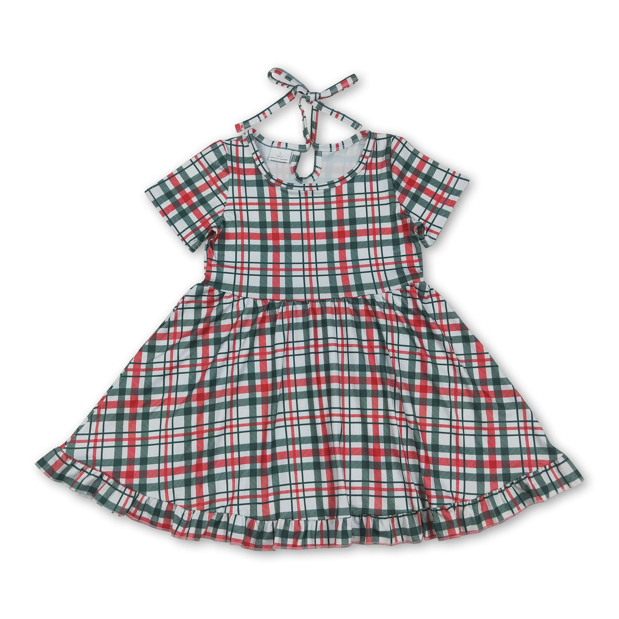 Short sleeves red green plaid ruffle girls Christmas dress