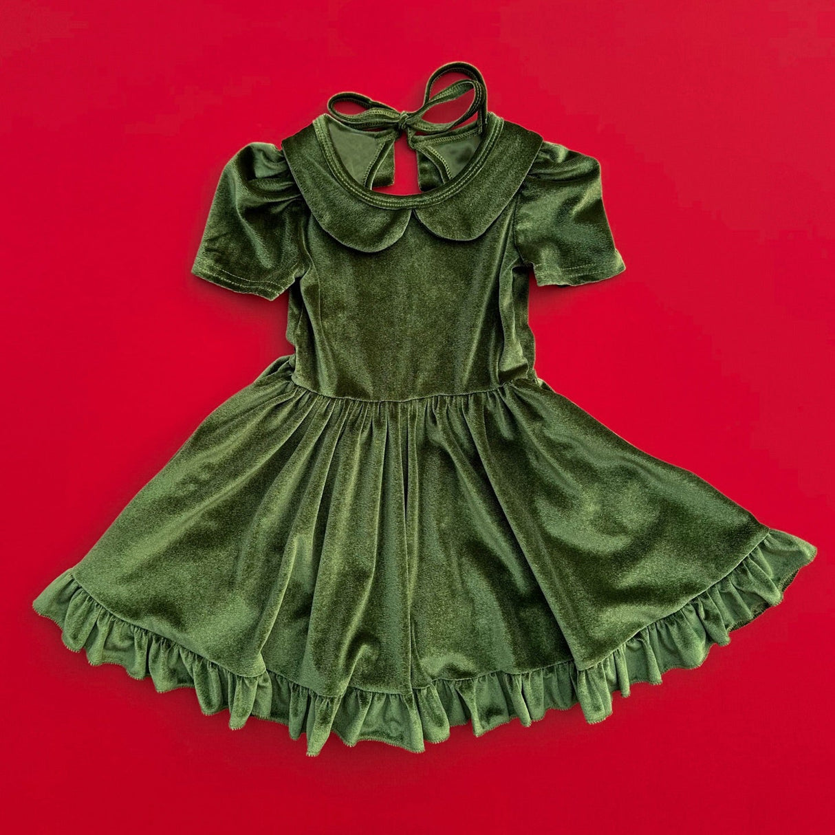 Short sleeves olive velvet ruffle girls Christmas dress