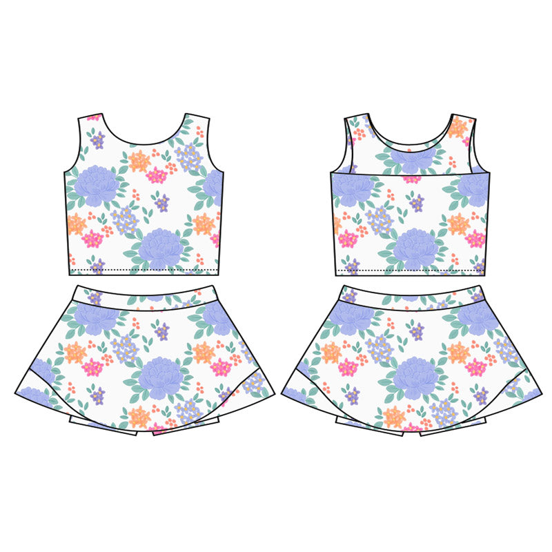 Sleeveless light blue floral top skirt girls activewear set