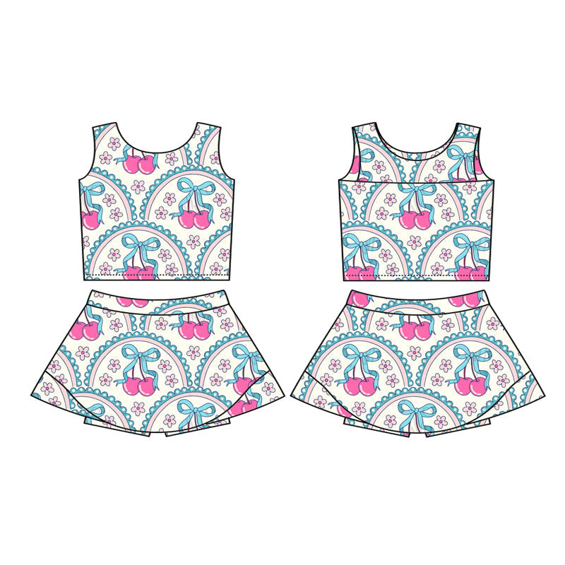 Sleeveless floral cherry bow top skirt girls activewear set