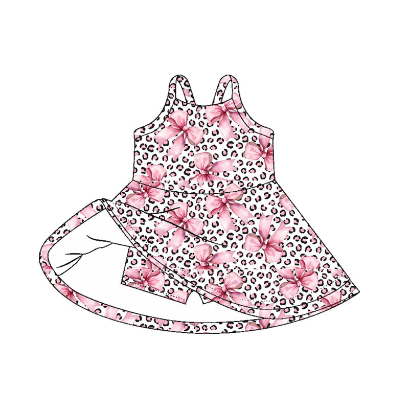 Straps pink bow leopard kids girls athletic dress