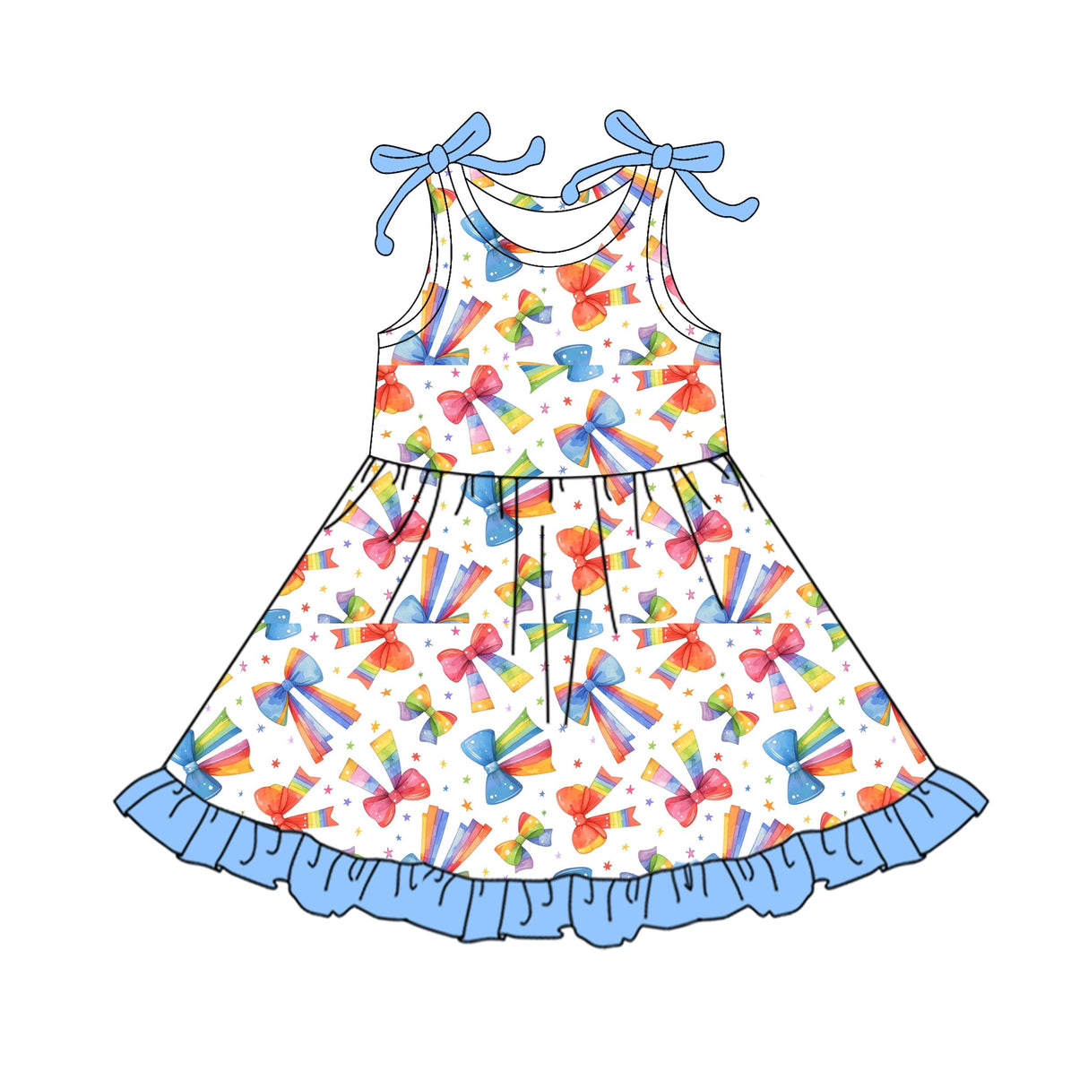 Sleeveless rainbow colorful bows girls summer dresses